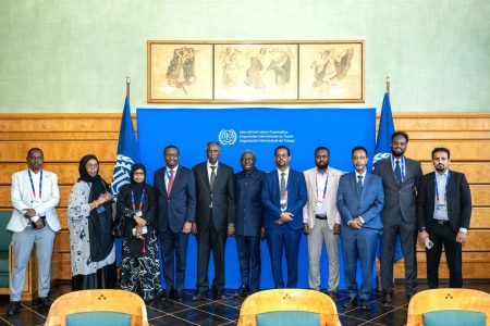 ILO DG Mr Gilbert Houngbo welcomes Mr Salim Alio Ibro, Minister of Labour and Social Affairs, Somalia, Tripartite delegation. 114th Session of International Labour Conference. 3 June 2026, Geneva, Switzerland. Photo: Alioune Ndiaye/ILO